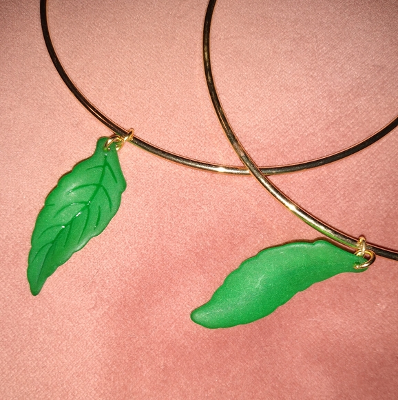 Oversized Green Leaf Charm Gold Hoops Huge 5 1/2 Inch Hoop Earrings Leaves KATTA - Picture 8 of 9